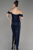 Navy Blue Shoulder Low Cut Long Sequin Plus Size Evening Dress ABU3919
