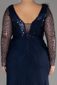 Navy Blue Sequined Long Sleeve Slit Pus Size Evening Dress ABU3284