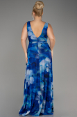 Sax Blue Sleeveless Printed Chiffon Plus Size Prom Dress ABU4050