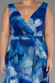 Sax Blue Sleeveless Printed Chiffon Plus Size Prom Dress ABU4050