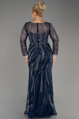 Navy Blue Long Sleeve Stone Guipure Plus Size Evening Gown ABU4052