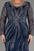 Navy Blue Long Sleeve Stone Guipure Plus Size Evening Gown ABU4052