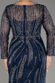 Navy Blue Long Sleeve Stone Guipure Plus Size Evening Gown ABU4052