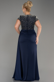 Navy Blue Slit Beaded Long Satin Plus Size Evening Gown ABU4053