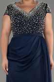 Navy Blue Slit Beaded Long Satin Plus Size Evening Gown ABU4053