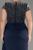 Navy Blue Slit Beaded Long Satin Plus Size Evening Gown ABU4053