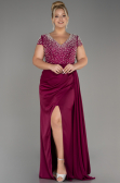 Plum Slit Beaded Long Satin Plus Size Evening Gown ABU4053
