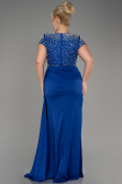 Sax Blue Slit Beaded Long Satin Plus Size Evening Gown ABU4053