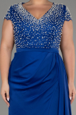 Sax Blue Slit Beaded Long Satin Plus Size Evening Gown ABU4053