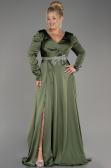 Olive Drab Long Sleeve Satin Plus Size Evening Dress ABU3941