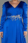 Sax Blue Long Sleeve Satin Plus Size Evening Dress ABU3941
