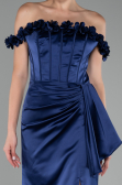 Navy Blue Slit Boat Neck Long Satin Evening Dress ABU4055