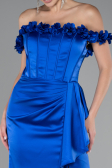 Sax Blue Slit Boat Neck Long Satin Evening Dress ABU4055