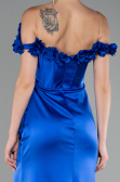 Sax Blue Slit Boat Neck Long Satin Evening Dress ABU4055