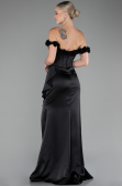 Black Slit Boat Neck Long Satin Evening Dress ABU4055