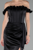 Black Slit Boat Neck Long Satin Evening Dress ABU4055