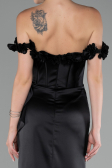 Black Slit Boat Neck Long Satin Evening Dress ABU4055