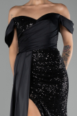 Black Boat Neck Slit Long Sequined Evening Gown ABU4085