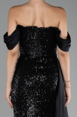 Black Boat Neck Slit Long Sequined Evening Gown ABU4085