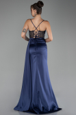 Navy Blue Underwire On Top Slit Long Satin Eevning Gown ABU4090
