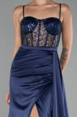 Navy Blue Underwire On Top Slit Long Satin Eevning Gown ABU4090