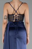 Navy Blue Underwire On Top Slit Long Satin Eevning Gown ABU4090