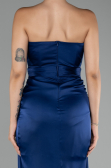 Navy Blue Strapless Slit Long Satin Prom Gown ABU4071