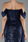 Navy Blue Boat Neck Slit Long Sequined Evening Gown ABU4085