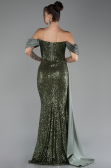 Olive Drab Boat Neck Slit Long Sequined Evening Gown ABU4085