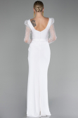 White Stoned Long Sleeve Slit Evening Gown ABU4117