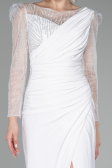 White Stoned Long Sleeve Slit Evening Gown ABU4117