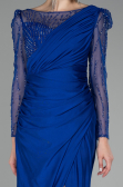 Sax Blue Stoned Long Sleeve Slit Evening Gown ABU4117