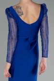 Sax Blue Stoned Long Sleeve Slit Evening Gown ABU4117