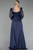 Navy Blue Sequined Long Sleeve Slit Satin Evening Dress ABU4121