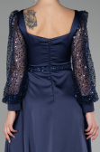 Navy Blue Sequined Long Sleeve Slit Satin Evening Dress ABU4121