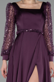 Purple Sequined Long Sleeve Slit Satin Evening Dress ABU4121
