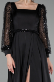 Black Sequined Long Sleeve Slit Satin Evening Dress ABU4121