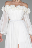 White Floral Boat Neck Long Sleeve Chiffon Prom Gown ABU4130
