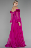 Fuchsia Floral Boat Neck Long Sleeve Chiffon Prom Gown ABU4130