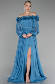 Indigo Floral Boat Neck Long Sleeve Chiffon Prom Gown ABU4130
