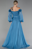 Indigo Floral Boat Neck Long Sleeve Chiffon Prom Gown ABU4130