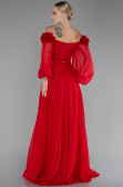 Red Floral Boat Neck Long Sleeve Chiffon Prom Gown ABU4130