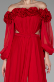 Red Floral Boat Neck Long Sleeve Chiffon Prom Gown ABU4130