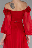 Red Floral Boat Neck Long Sleeve Chiffon Prom Gown ABU4130