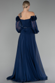 Navy Blue Floral Boat Neck Long Sleeve Chiffon Prom Gown ABU4130