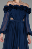 Navy Blue Floral Boat Neck Long Sleeve Chiffon Prom Gown ABU4130