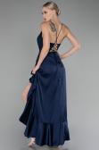 Navy Blue Front Short Back Long Satin Prom Gown ABO109
