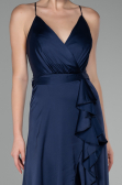 Navy Blue Front Short Back Long Satin Prom Gown ABO109