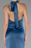 Indigo Halter Neckline Slit Satin Evening Dress ABU4109