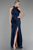 Navy Blue Halter Neckline Slit Satin Plus Size Evening Dress ABU4110